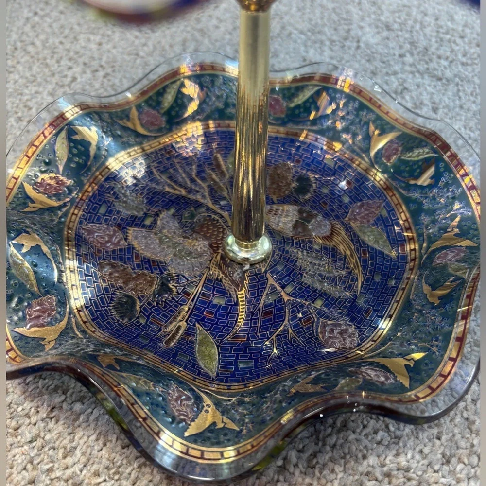 Vintage Dan Baird tiered dessert stand cobalt blue and gold bird motif